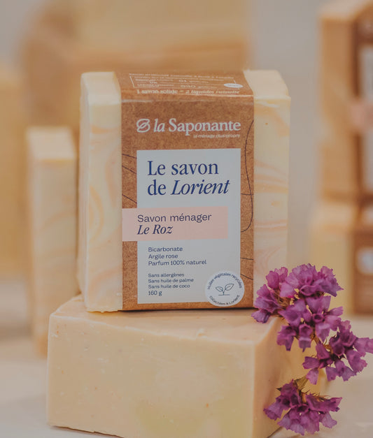 Savon ménager solide savon vaiselle artisanal, huiles végétales recyclées, La Saponante Lorient rose